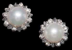 PAIR OF PEARL AND DIAMOND CLUSTER EARRINGS