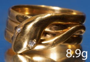 GOLD SNAKE RING, WITH DIAMOND EYES