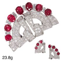 IMPORTANT ART-DECO BURMESE RUBY AND DIAMOND DOUBLE CLIP BROOCH