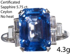 FINE CERTIFICATED 5.75 CT. CEYLON SAPPHIRE AND DIAMOND RING