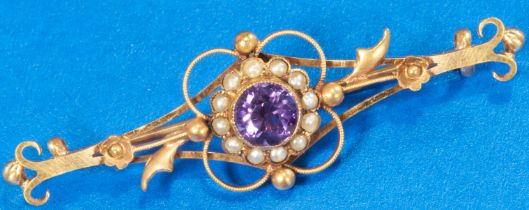 AN AMETHYST AND SEED PEARL BAR BROOCH