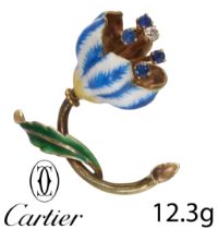 CARTIER, FINE AND RARE ENAMEL, SAPPHIRE AND DIAMOND FLOWER BROOCH