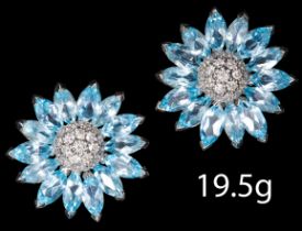 ATTRACTIVE PAIR OF BLUE TOPAZ AND DIAMOND FLORAL EARRINGS