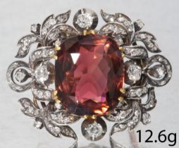 FINE ANTIQUE PINK TOURMALINE AND DIAMOND BROOCH