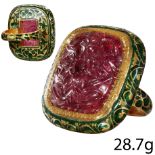IMPRESSIVE HEAVY CARVED RUBLITE TOURMALINE AND ENAMEL GOLD RING