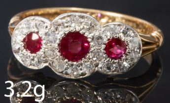 RUBY AND DIAMOND TRIPLE CLUSTER RING