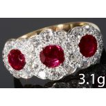 ART-DECO RUBY AND DIAMOND 3-CLUSTER RING