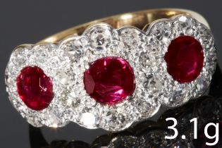ART-DECO RUBY AND DIAMOND 3-CLUSTER RING