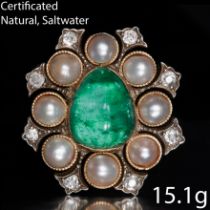 CERTIFICATED NATURAL SALTWATER PEARL, EMERALD AND DIAMOND BROOCH
