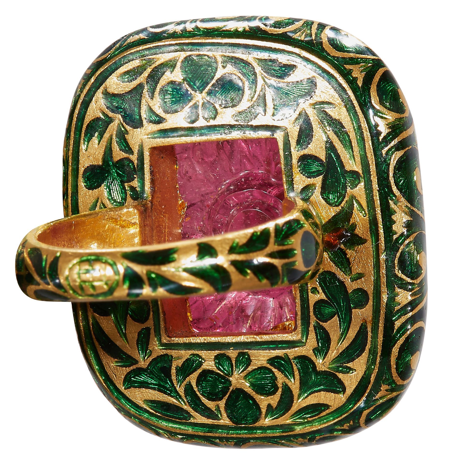 IMPRESSIVE HEAVY CARVED RUBLITE TOURMALINE AND ENAMEL GOLD RING - Image 2 of 2