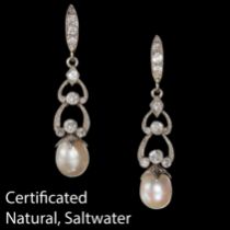 FINE PAIR OF CERTIFICATED NATURAL SALTWATER PEARL AND DIAMOND EARRINGS