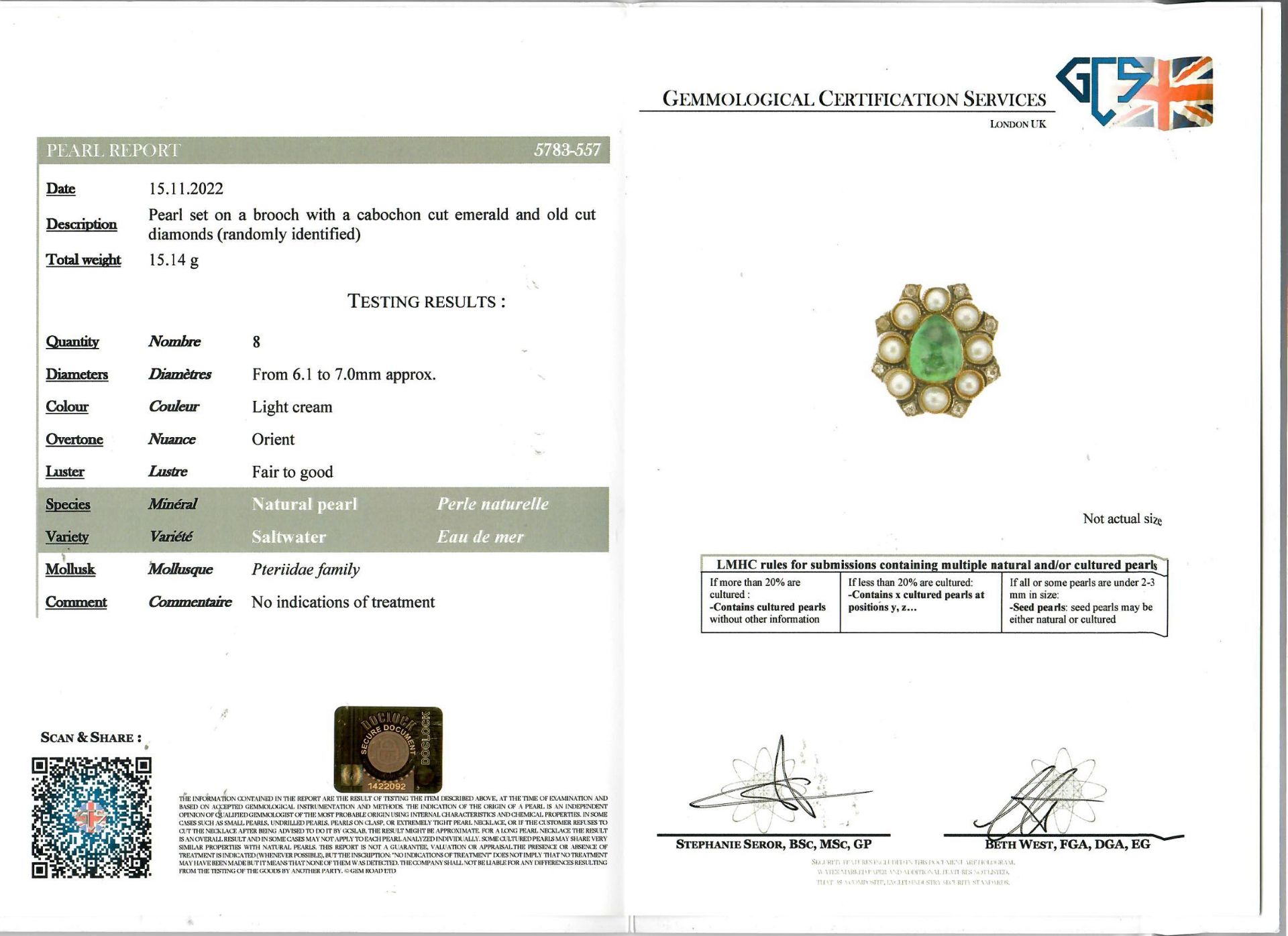 CERTIFICATED NATURAL SALTWATER PEARL, EMERALD AND DIAMOND BROOCH - Image 2 of 2