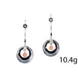 FINE PAIR OF ART-DECO DIAMOND, CORAL, ONYX AND ROCK CRYSTAL EARRINGS