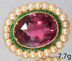 FINE ANTIQUE PINK TOURMALINE ENAMEL AND PEARL BROOCH