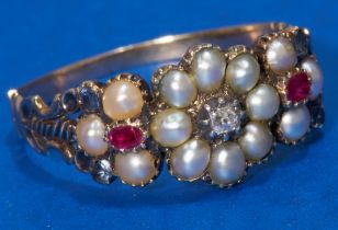 ANTIQUE RUBY DIAMOND AND PEARL CLUSTER RING