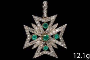 FINE ANTIQUE EMERALD AND DIAMOND MALTESE CROSS PENDANT