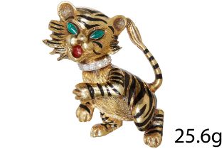 DIAMOND AND ENAMEL TIGER BROOCH