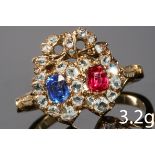 ANTIQUE RUBY SAPPHIRE AND DIAMOND DOUBLE HEART RING