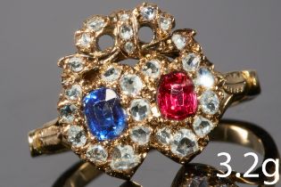 ANTIQUE RUBY SAPPHIRE AND DIAMOND DOUBLE HEART RING