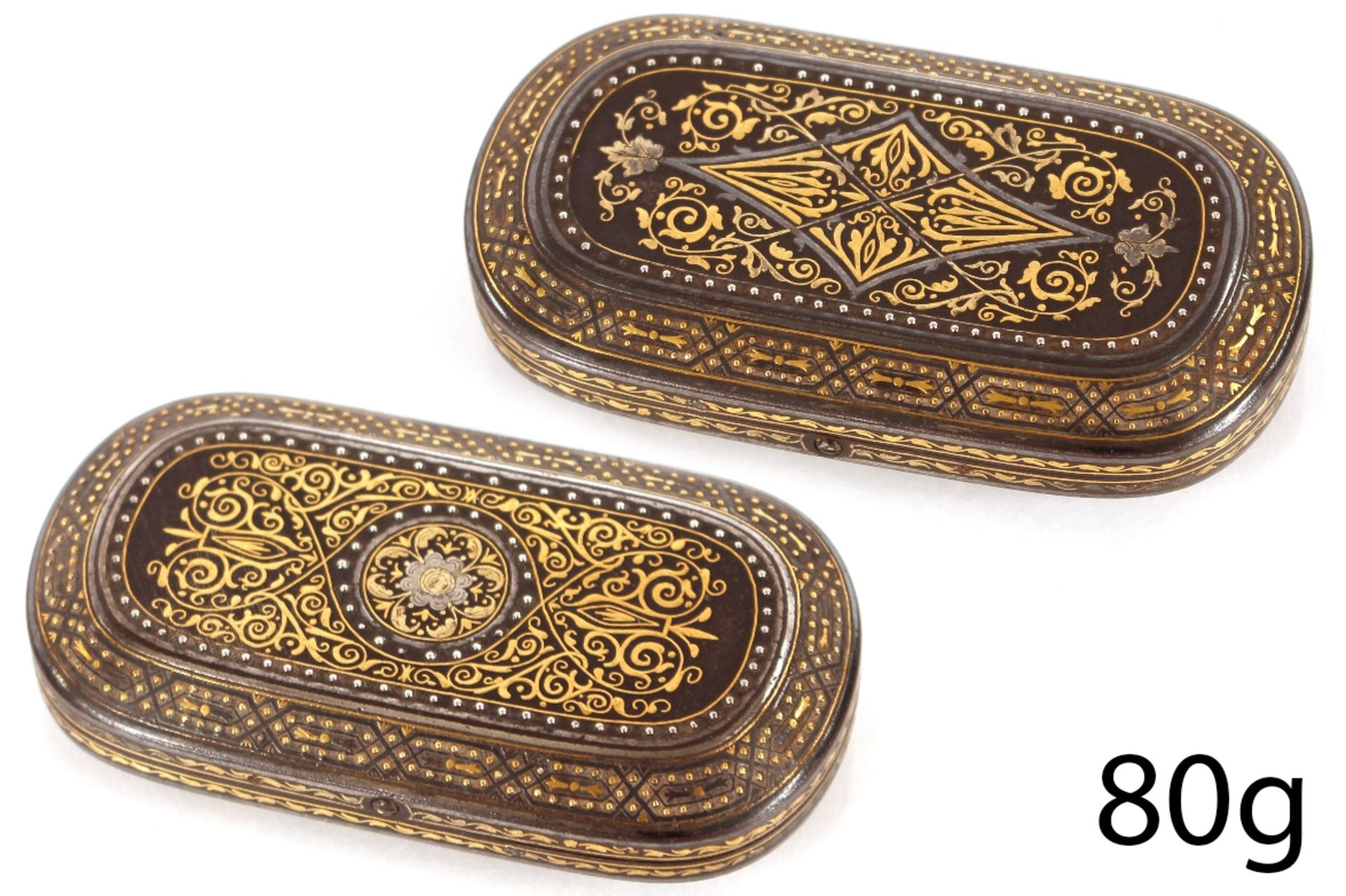 RARE SPANISH TOLEDO, GOLD, SILVER AND DAMESCENED SNUFFBOX