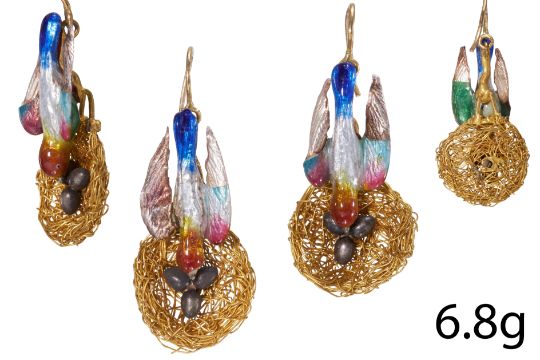 UNUSUAL PAIR OF ENAMEL BIRD WITH NEST EARRINGS