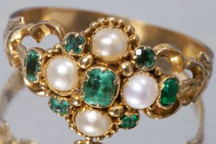 FINE ANTIQUE EMERALD AND PEARL CLUSTER RING