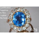 CERTIFICATED CEYLON NO HEAT SAPPHIRE AND DIAMOND CLUSTER RING