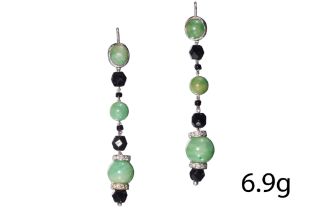 FINE PAIR OF ART-DECO JADE ONYX AND DIAMOND DROP EARRINGS