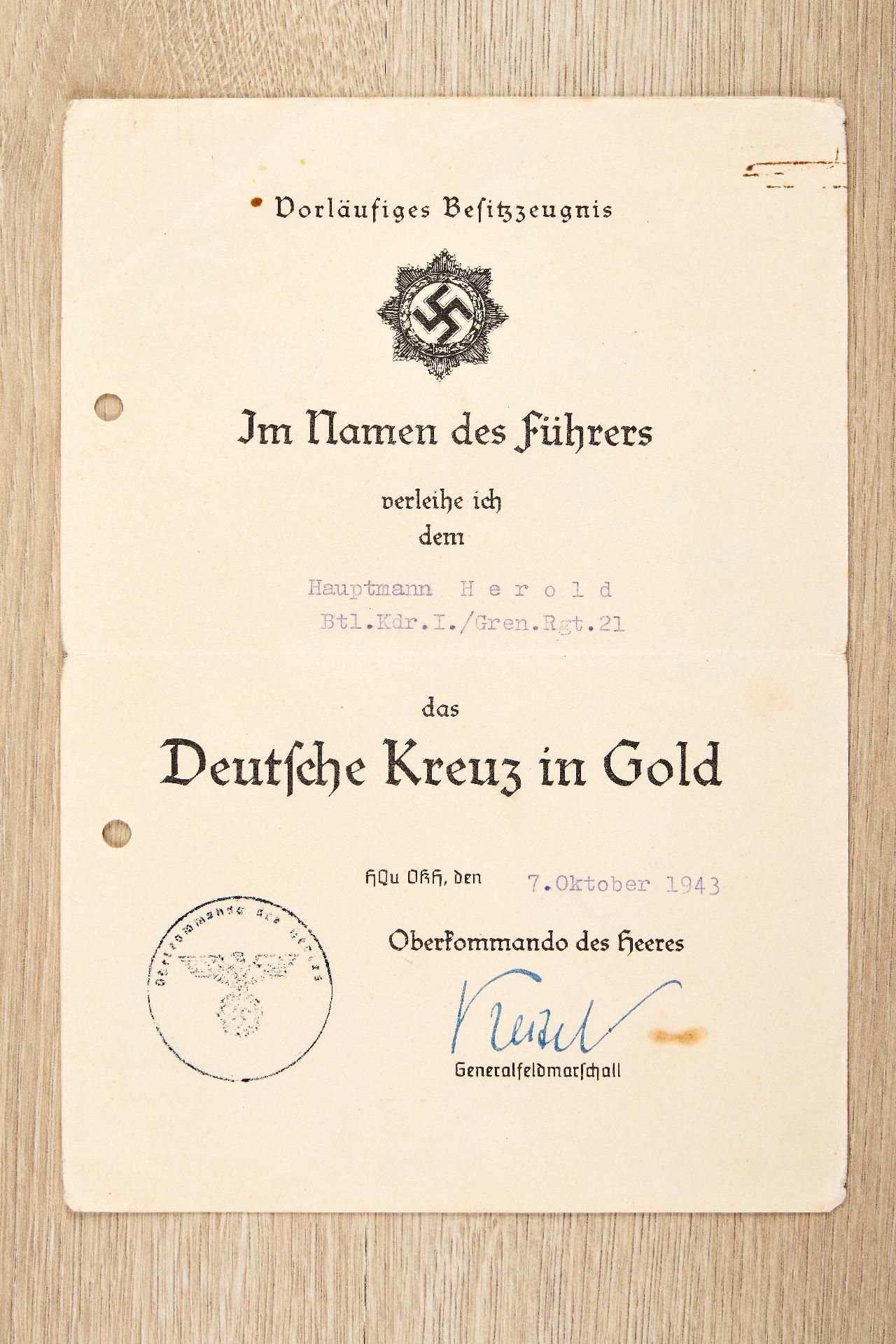 Ritterkreuz : Dokumentennachlass des Ritterkreuzträgers Hauptmanns Wilhelm Herold, Kommandeur I... - Bild 2 aus 20