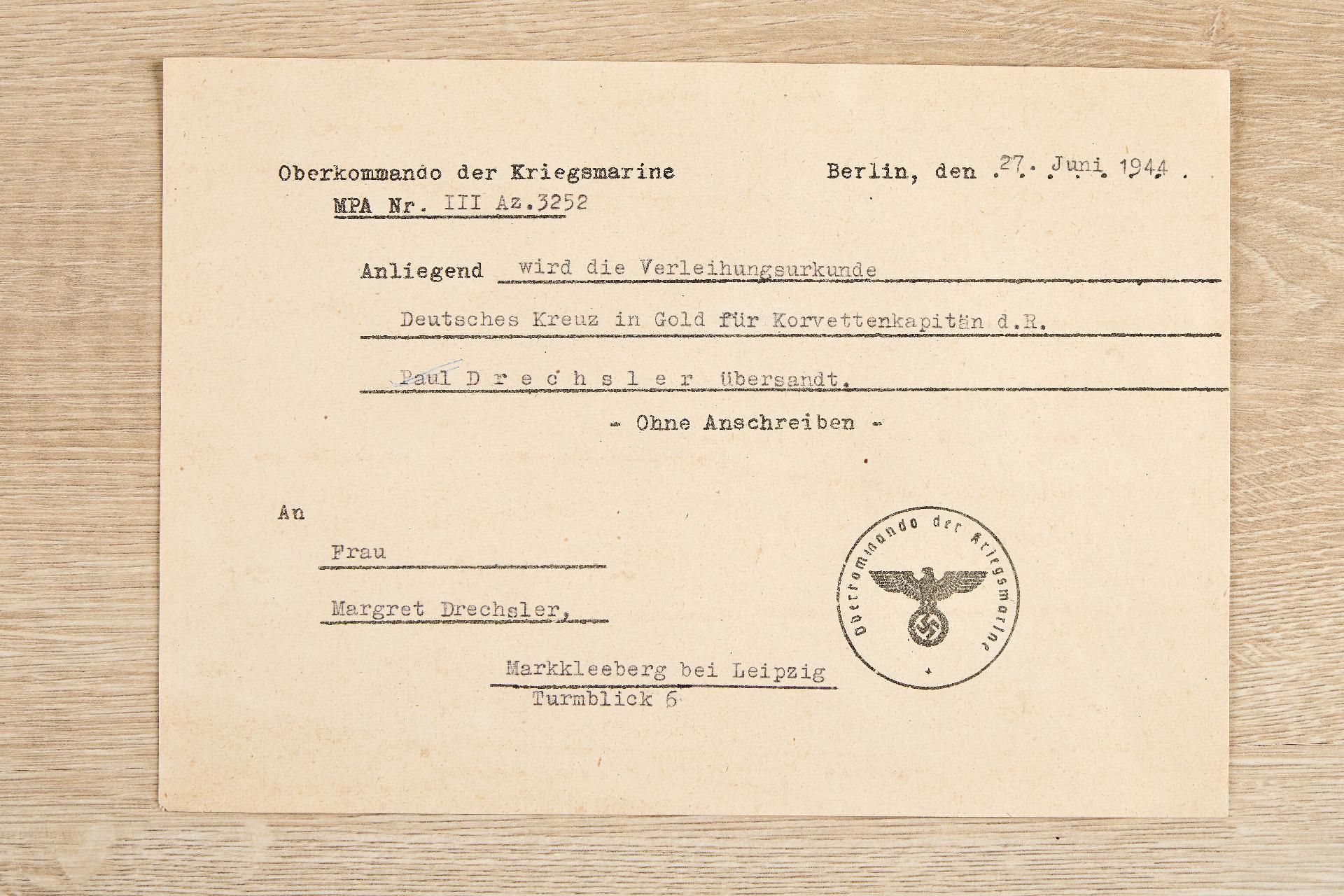 Kriegsmarine : Auszeichnungs- und Dokumentennachlass des Korvettenkapitäns Helmut Drechsler - Image 12 of 28