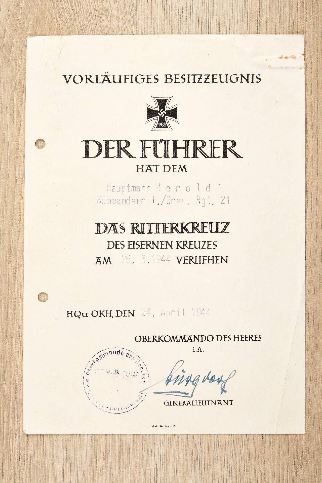 Ritterkreuz : Dokumentennachlass des Ritterkreuzträgers Hauptmanns Wilhelm Herold, Kommandeur I...