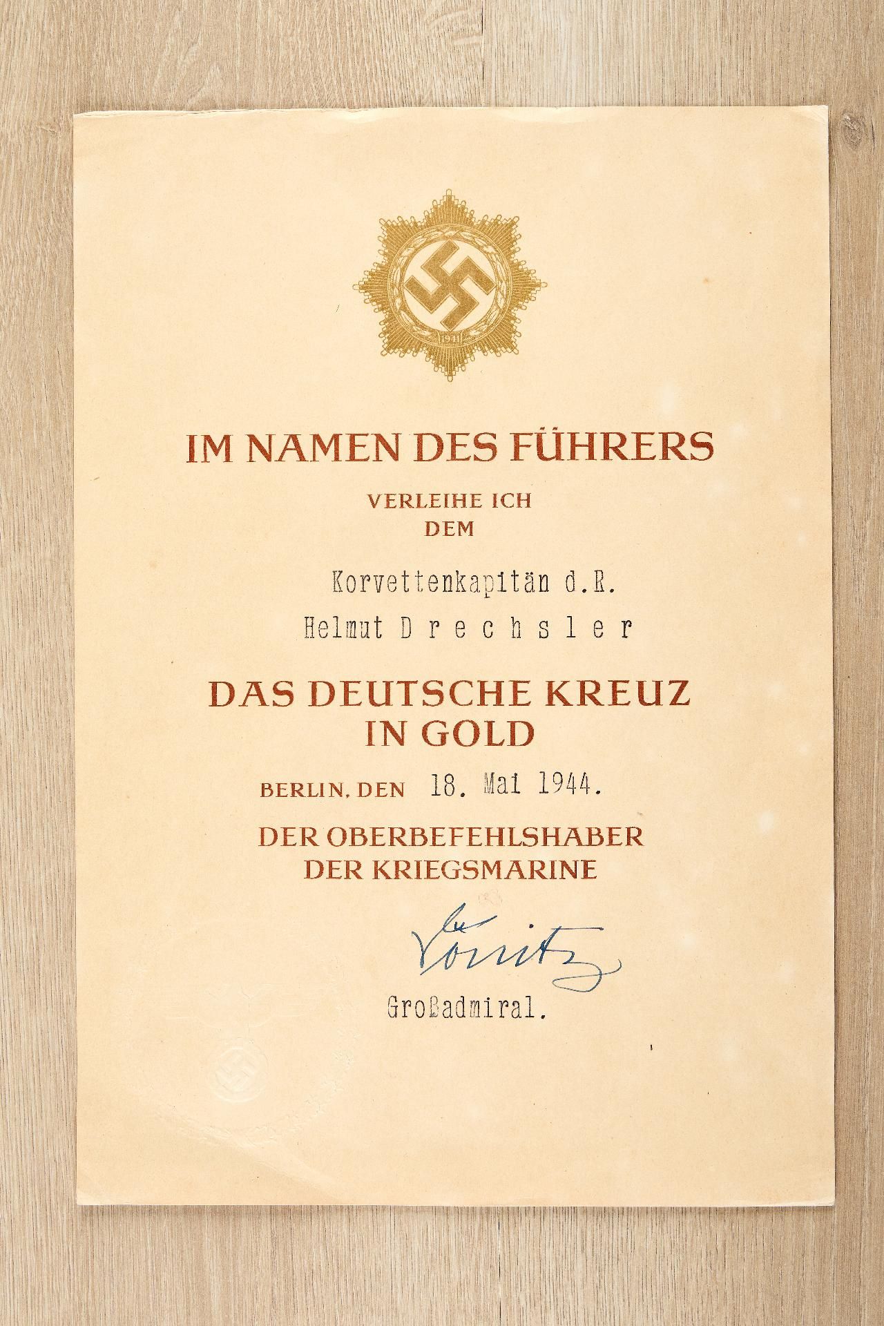 Kriegsmarine : Auszeichnungs- und Dokumentennachlass des Korvettenkapitäns Helmut Drechsler - Image 2 of 28