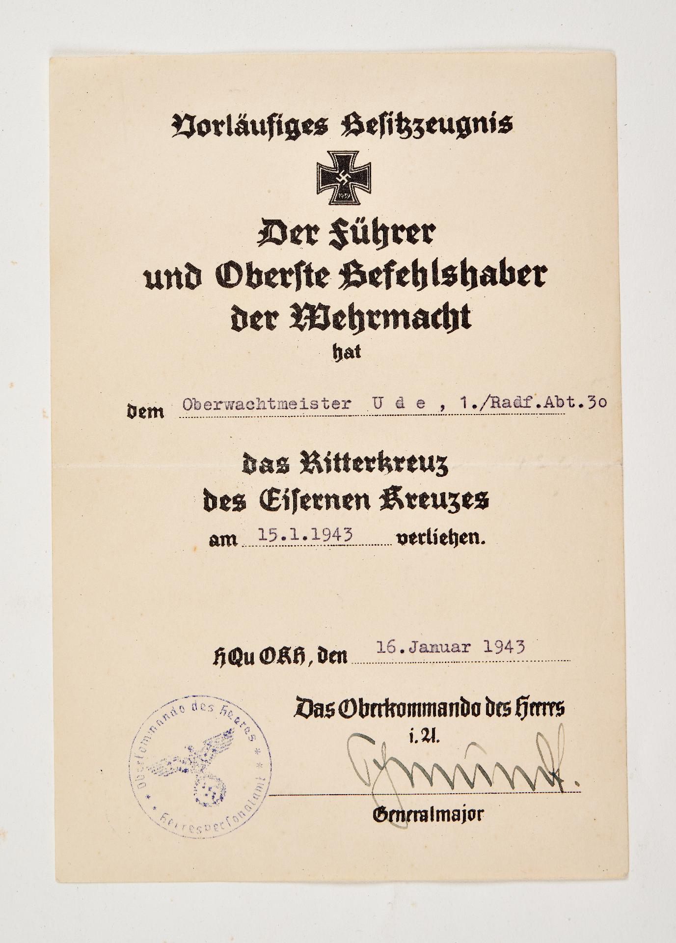 Knights Cross : Estate of the Knight's Cross bearer Oberwachtmeister (later Oberleutnant) Otto U... - Image 3 of 34
