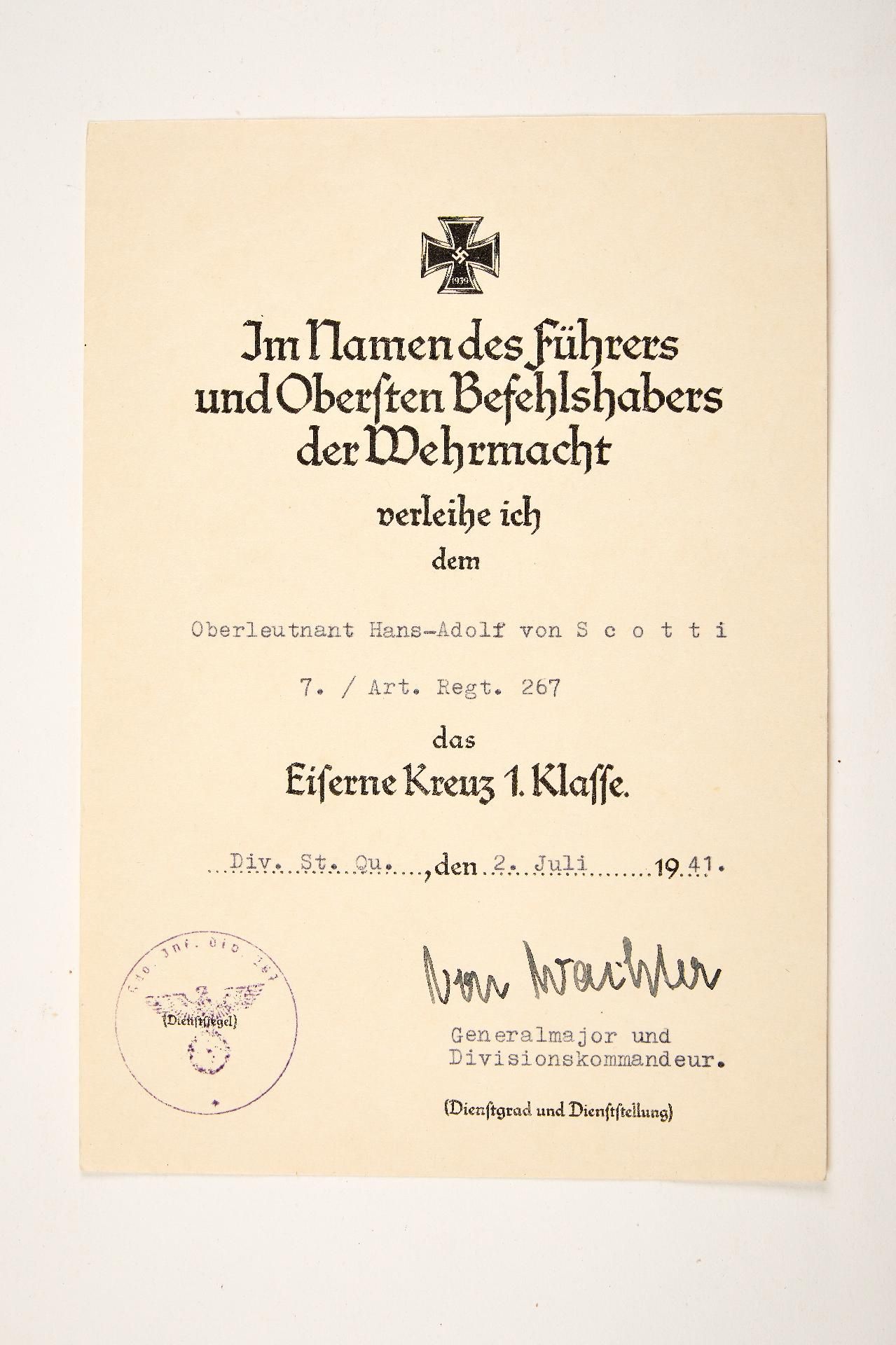 Artillerie : Estate of decorations and documents of First Lieutenant Hans Adolf von Scotti, Batt... - Image 18 of 23