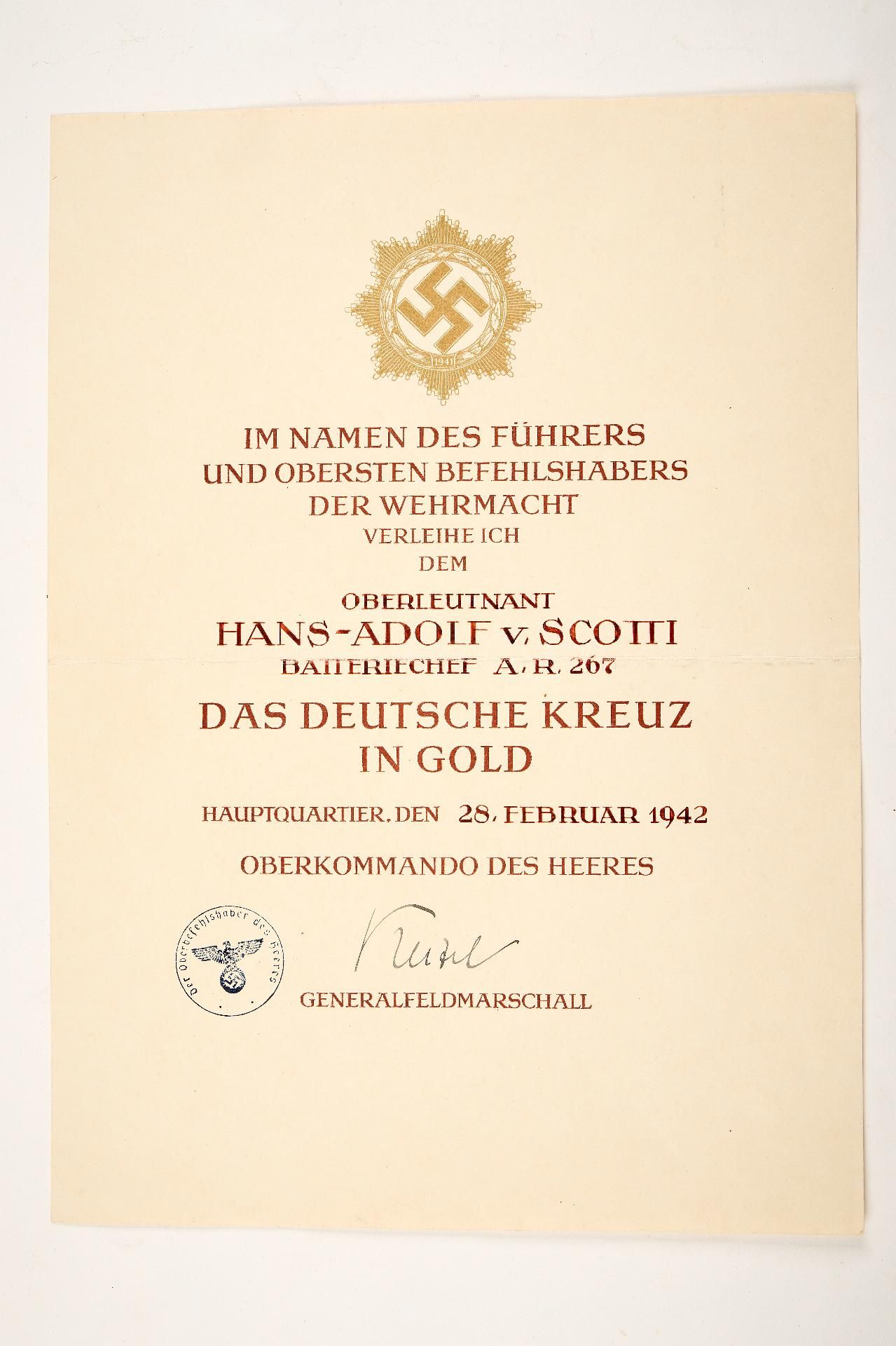 Artillerie : Estate of decorations and documents of First Lieutenant Hans Adolf von Scotti, Batt... - Image 7 of 23