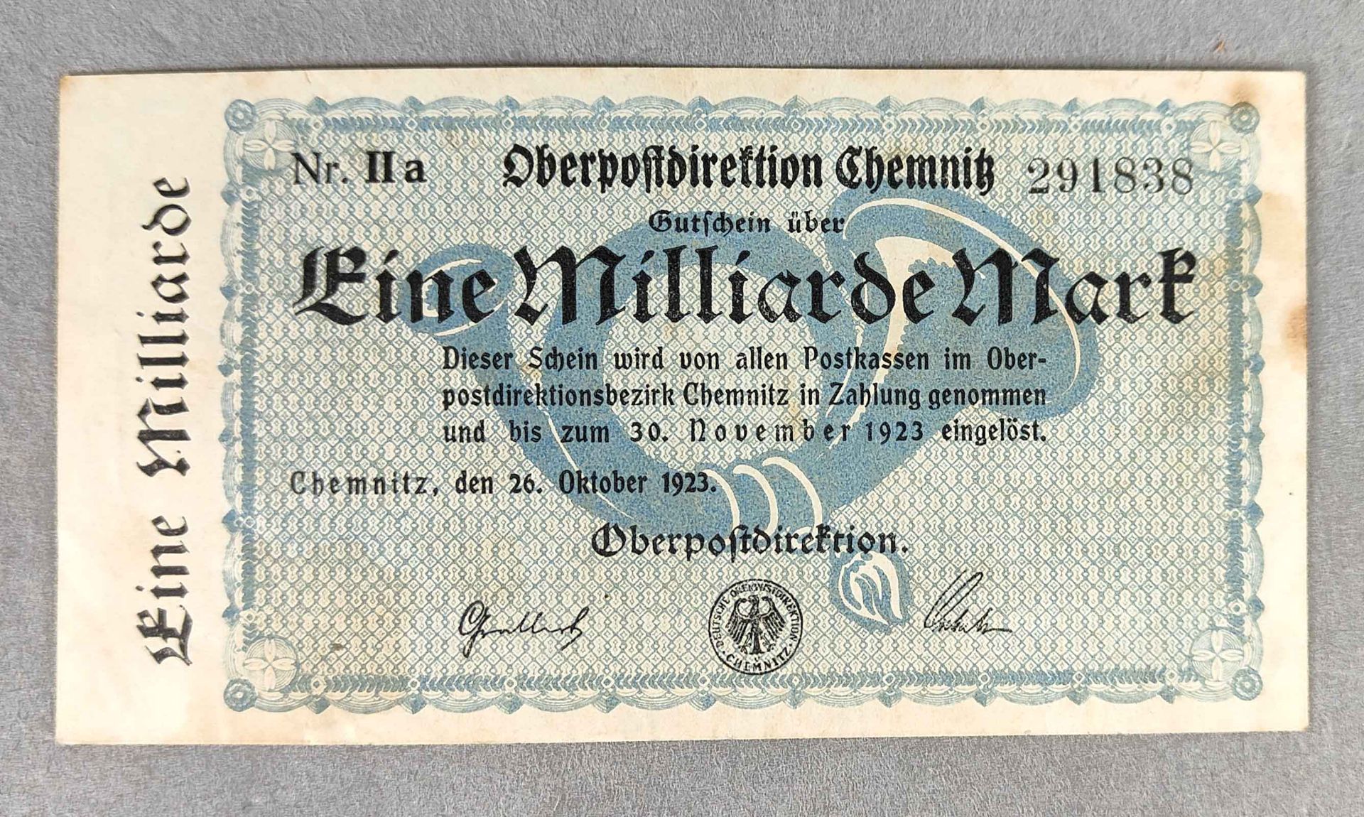 Gutschein Oberpostdirektion Chemnitz 1923