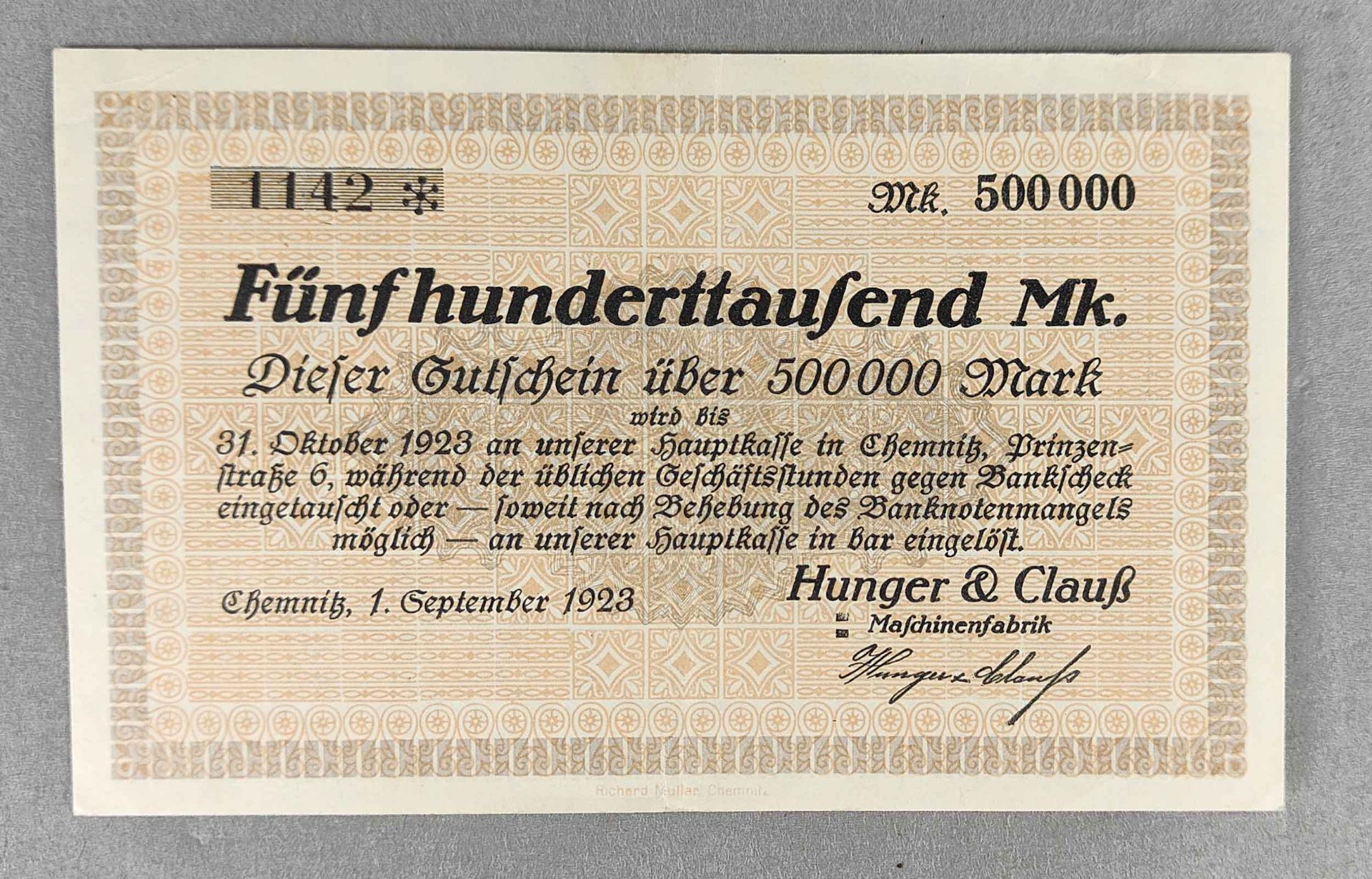 Gutschein Hunger & Clauß Chemnitz 1923