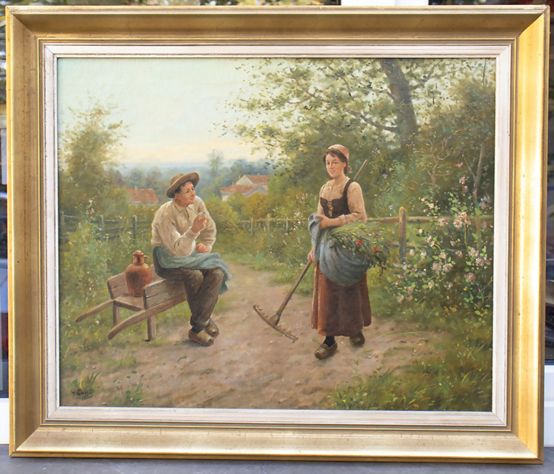 W. Giessel (1869-1938), 'Bäuerin mit Wirt in Gartenlandschaft' / 'A farmer's wife with host in ... - Image 2 of 7