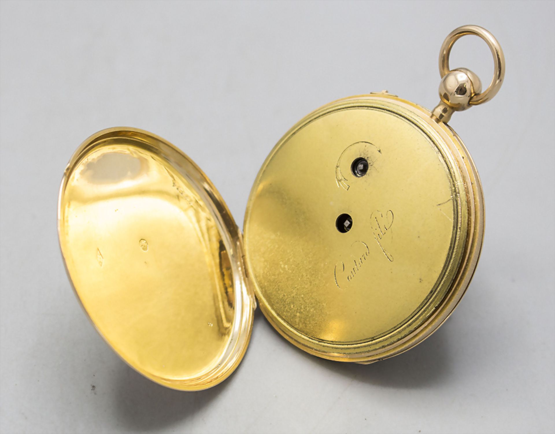 Offene Herrentaschenuhr ¼ Std.-Repetition / An 18 ct gold pocket watch, Schweiz/Swiss, um 1820 - Image 5 of 8