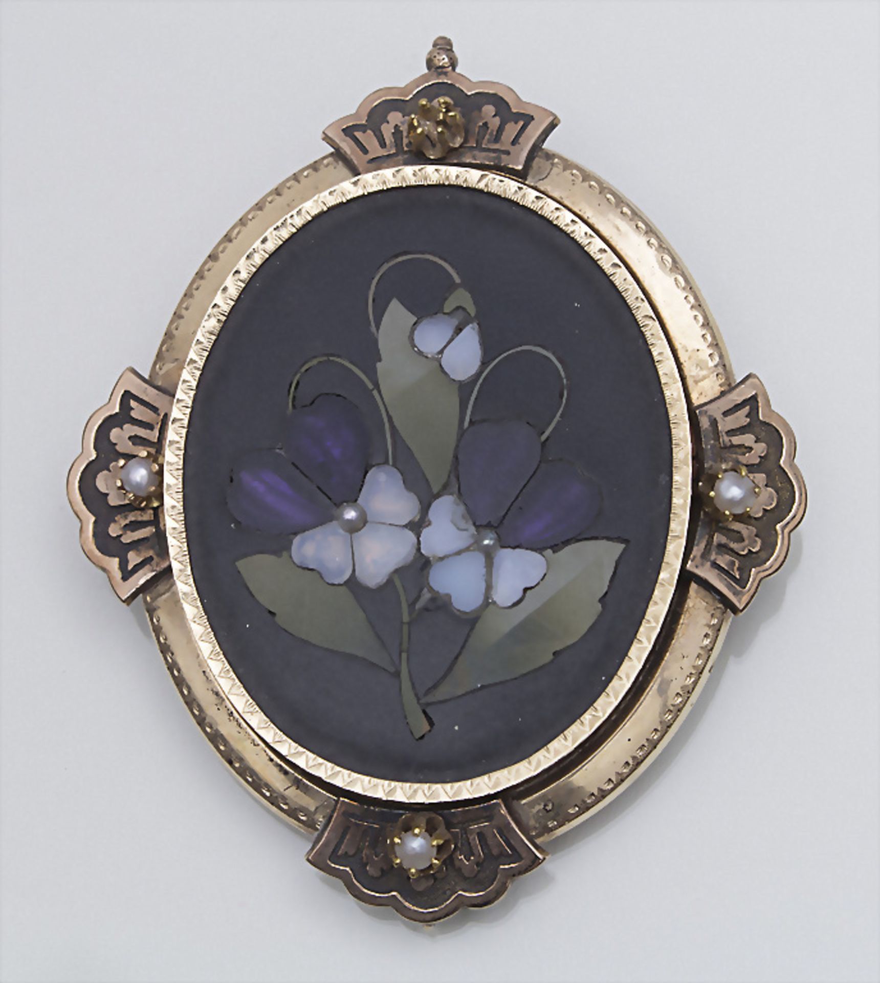 Pietra Dura Brosche Stiefmütterchendekor / Brooch, Italien/Italy, um 1900