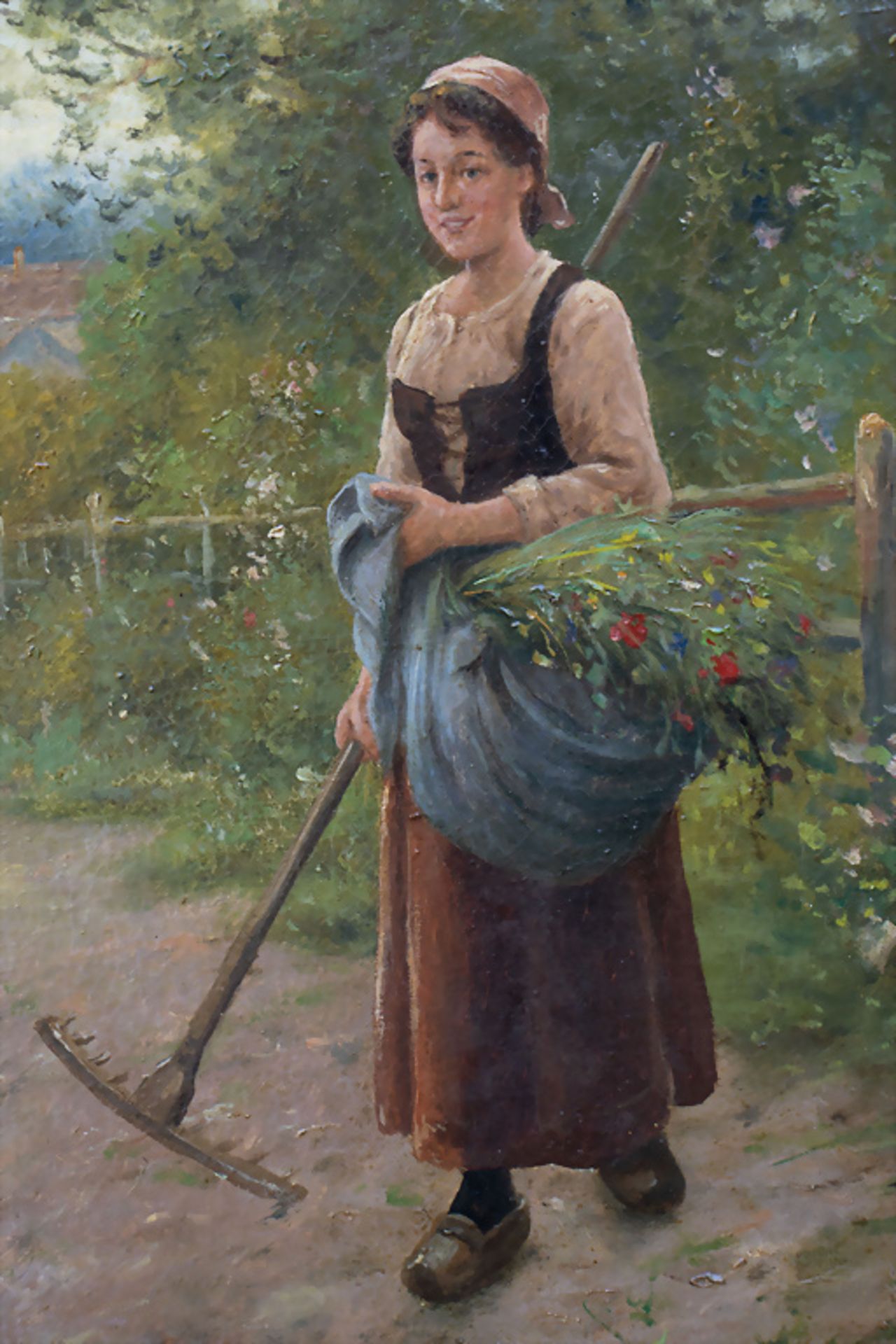 W. Giessel (1869-1938), 'Bäuerin mit Wirt in Gartenlandschaft' / 'A farmer's wife with host in ... - Image 6 of 7