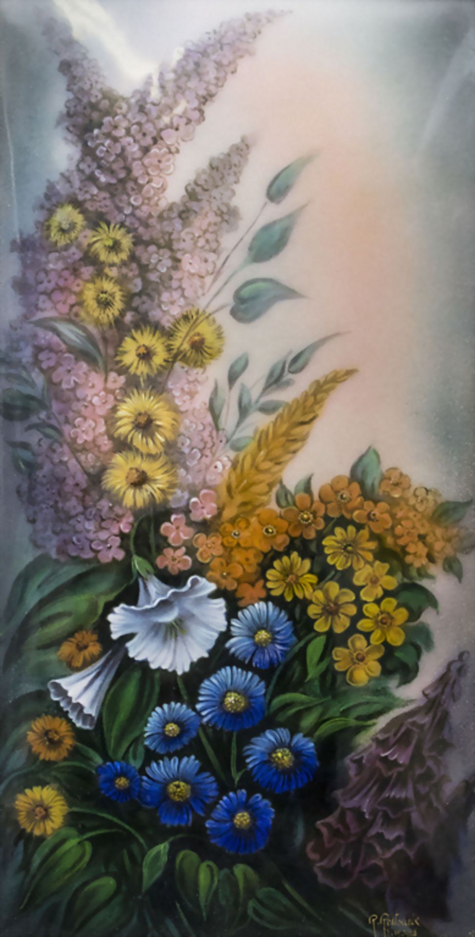 René Restoueix (1924-), Emaillemalerei 'Blumenstillleben' / An enamel painting 'floral ...