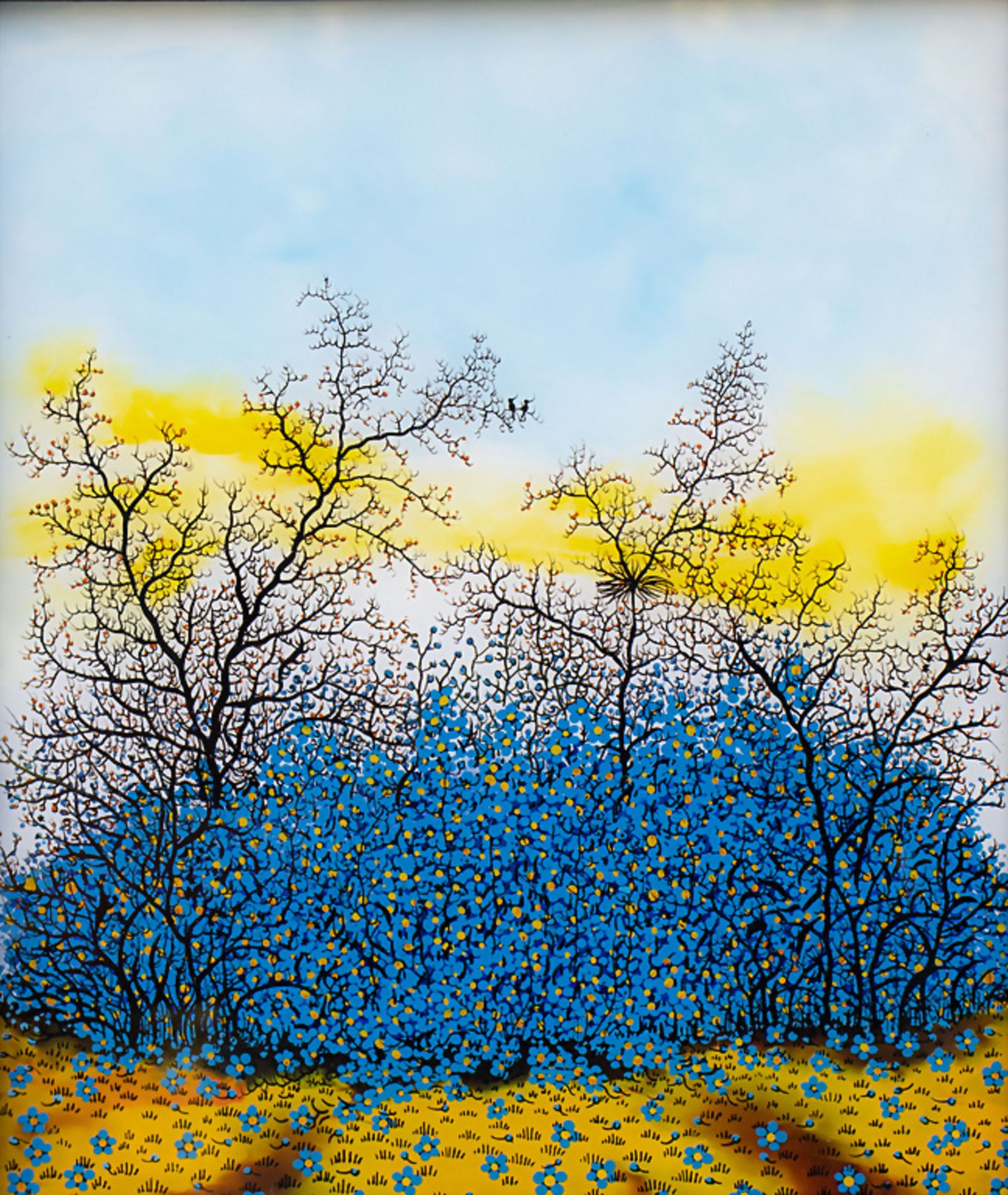 Hinterglasbild 'Frühling (blauer Busch)' / A reverse glass painting 'Springtime (blue bush)', ...