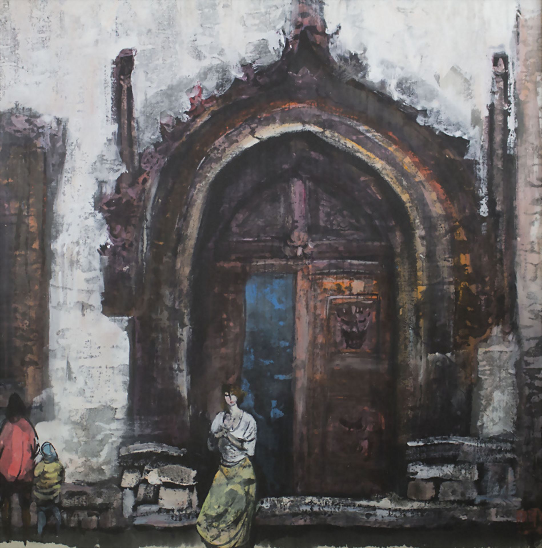 Zou Ming (*1955), 'Frau vor Tempeleingang' / 'A woman in front of a temple entrance', China, ...