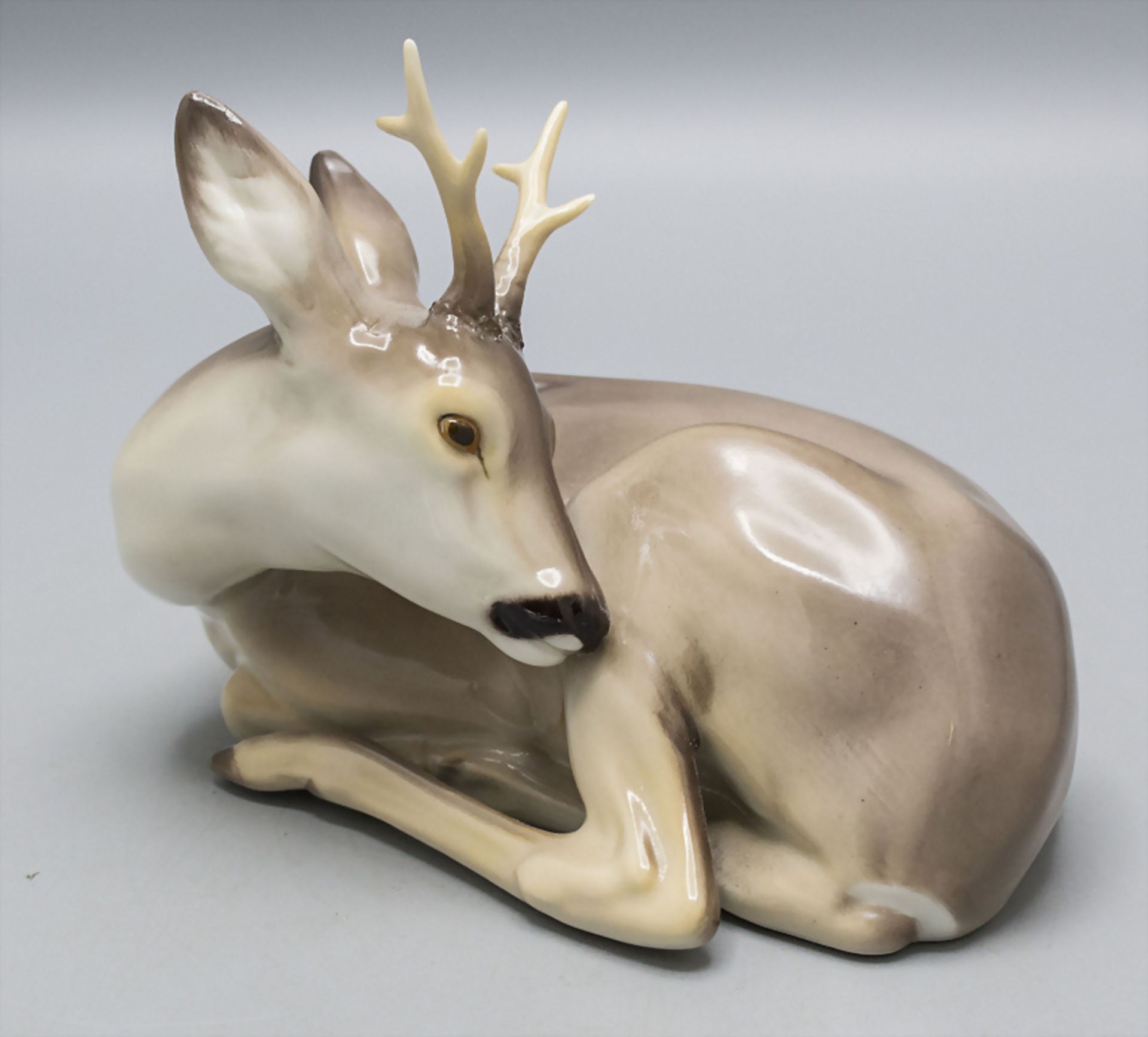 Figur 'liegender Rehbock' / A reclining roebuck, Nymphenburg, nach 1952