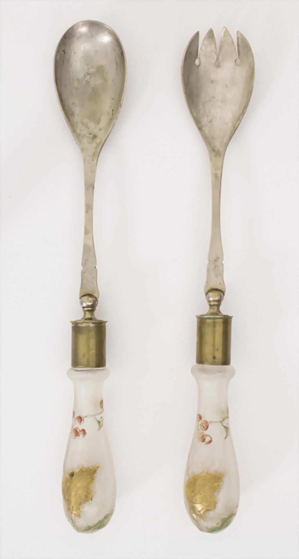 Jugendstil Salatbesteck mit Glasgriffen / Art Nouveau salad servers with glass handles, wohl ...