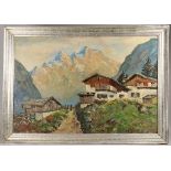 E. Ritter (20. Jh.), 'Berghütte vor Alpenpanorama' / 'An alpine panorama with mountain hut', ...