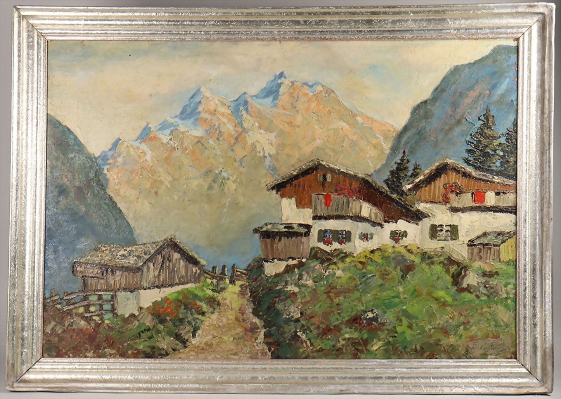 E. Ritter (20. Jh.), 'Berghütte vor Alpenpanorama' / 'An alpine panorama with mountain hut', ...