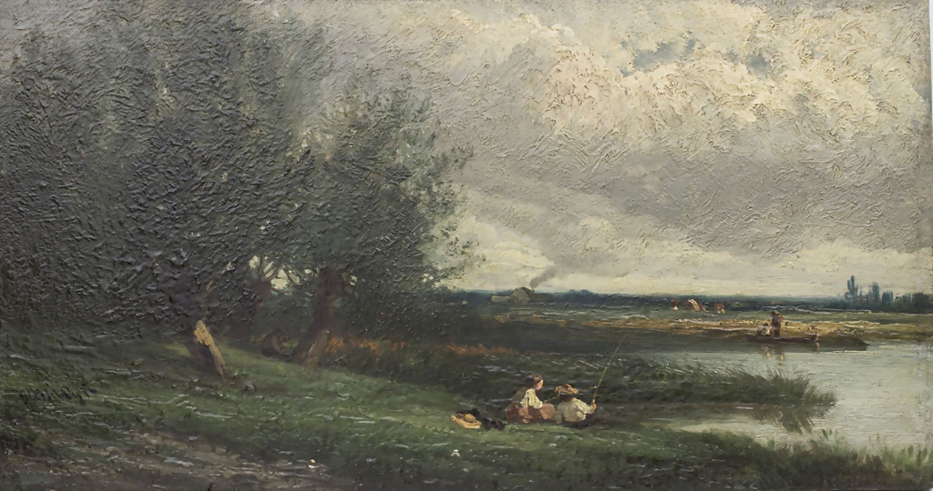 Henri van Wyk (1833-?), 'Flusslandschaft mit Anglern und Fischerboot' / 'A riverscape with ...