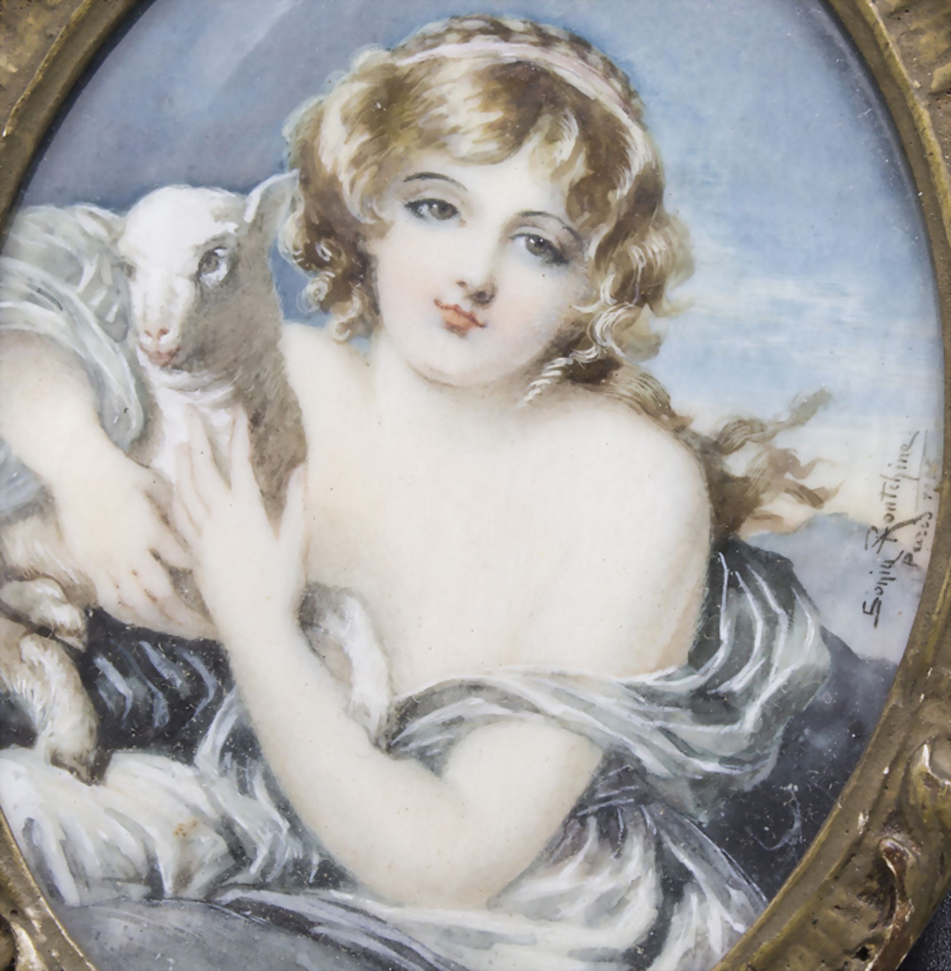Miniatur Porträt eines Mädchens mit Lamm / A miniature portrait of a young lady with a lamb, ... - Image 2 of 3